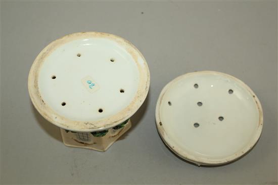 Two Staffordshire porcelain two section toll house pastille burners, mid 19th century, 11.5 - 12cm